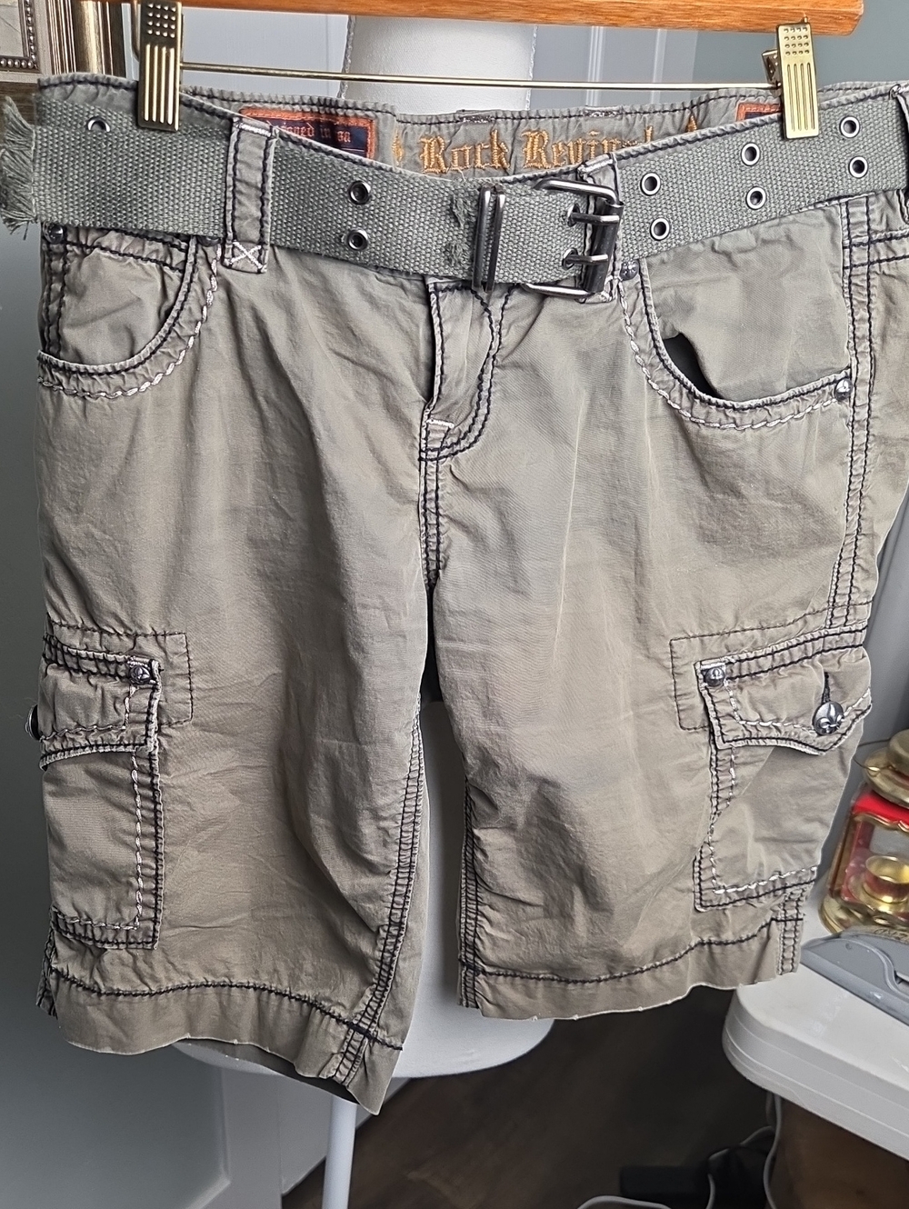 Y2k Rock Revival Men's Taupe Cargo Shorts with Gray Belt Size 28